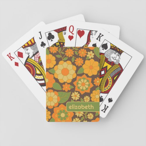 Trendy Retro Floral Pattern with name block Playing Cards