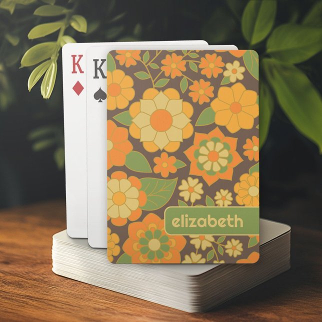 Trendy Retro Floral Pattern with name block Poker Cards (Personalized playing cards)
