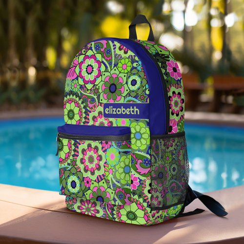 Trendy Retro Floral Pattern with name block Printed Backpack