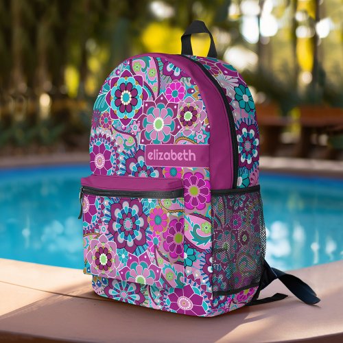 Trendy Retro Floral Pattern with name block Printed Backpack