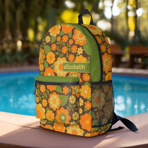 Trendy Retro Floral Pattern with name block Printed Backpack