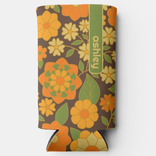 Trendy Retro Floral Pattern with name block  Seltzer Can Cooler