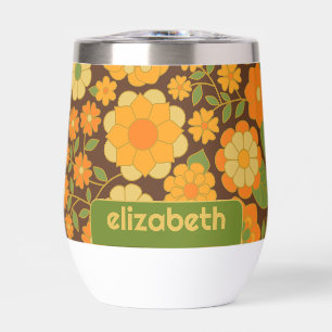 Trendy Retro Floral Pattern with name block Thermal Wine Tumbler