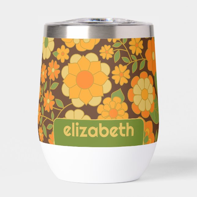 Trendy Retro Floral Pattern with name block Thermal Wine Tumbler (Front)