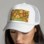 Trendy Retro Floral Pattern with name block Trucker Hat<br><div class="desc">A bold, floral design with colorful shades of gold, orange and green with a fun color block to add your name or any text. The crazy flower pattern has a variety of colors. You can add a name, monogram or other custom text. If you need to move the art around,...</div>