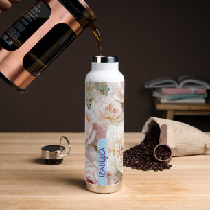 Trendy Retro Floral Pattern with name block Water Bottle