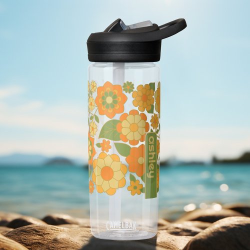 Trendy Retro Floral Pattern with name block  Water Bottle