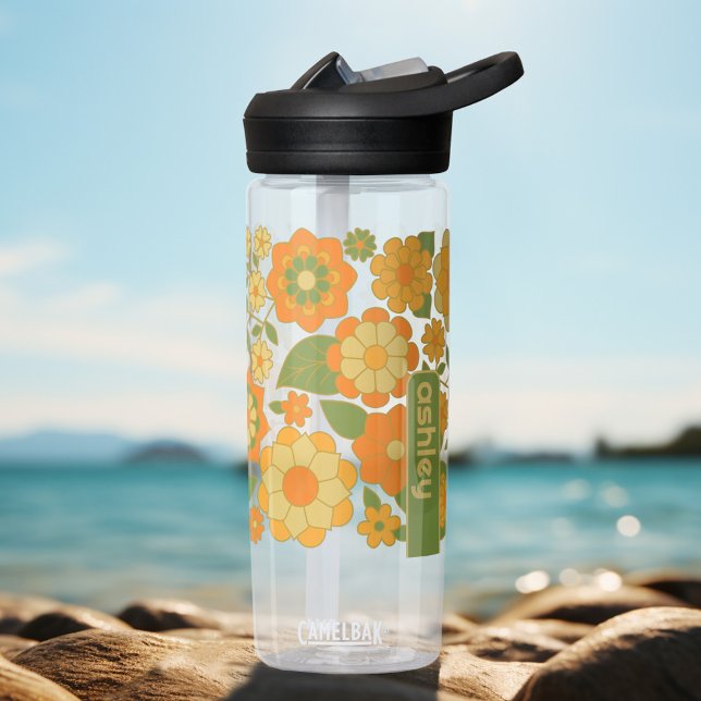Trendy Retro Floral Pattern with name block  Water Bottle (Personalized Water Bottle)