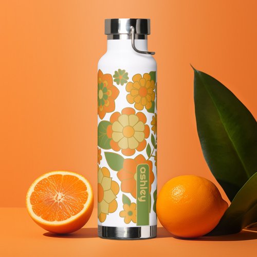 Trendy Retro Floral Pattern with name block  Water Bottle