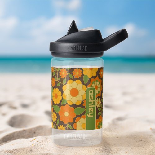 Trendy Retro Floral Pattern with name block  Water Bottle