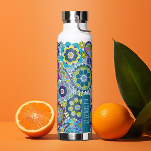 Trendy Retro Floral Pattern with name - blue green Water Bottle
