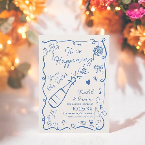 Trendy retro French blue illustrated photo wedding Save The Date