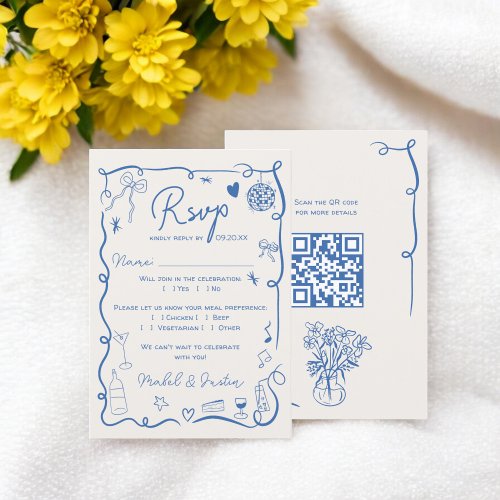 Trendy retro French blue illustrated wedding QR RSVP Card