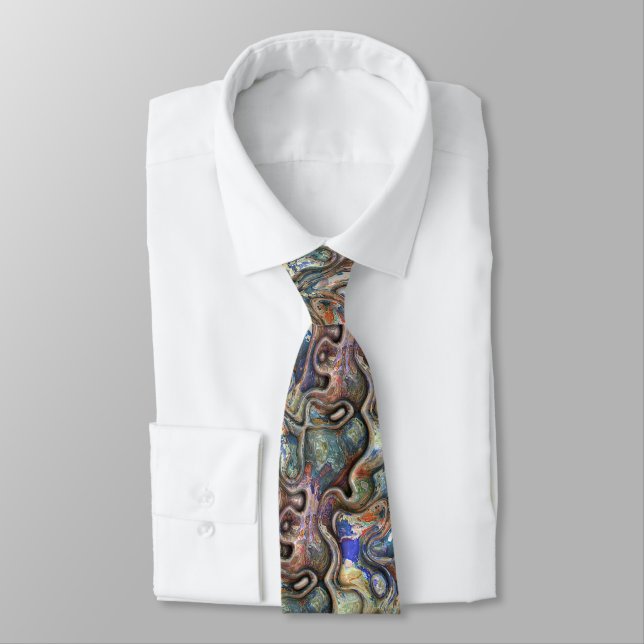 Trendy Retro Futuristic Marbled Waves Art Pattern Neck Tie (Tied)