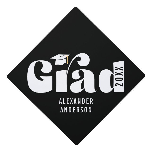Trendy Retro Grad Class of 2026 Black Graduation Cap Topper (Front)