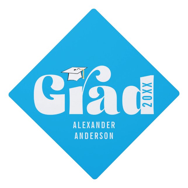 Trendy Retro Grad Class of 2026 Blue Graduation Cap Topper (Front)
