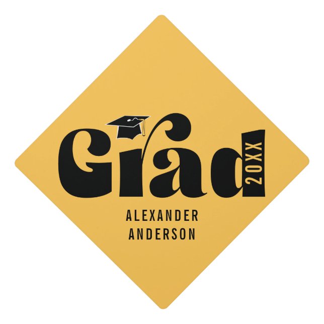Trendy Retro Grad Class of 2026 Gold Graduation Cap Topper (Front)