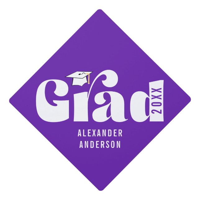 Trendy Retro Grad Class of 2026 Purple Graduation Cap Topper (Front)