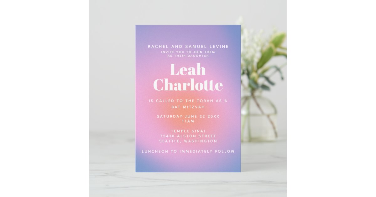 Trendy Retro Gradient Pink and Purple Bat Mitzvah Invitation | Zazzle