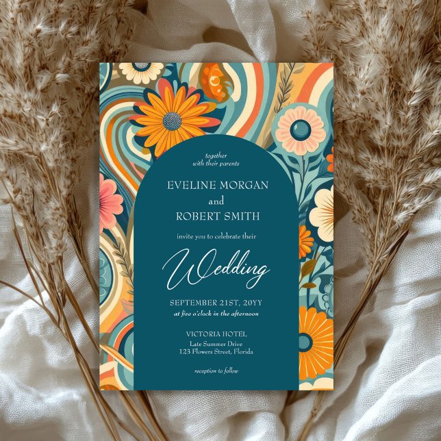 Trendy retro groovy flowers spring wedding invitation (retro groovy flowers blue arch wedding invitation)