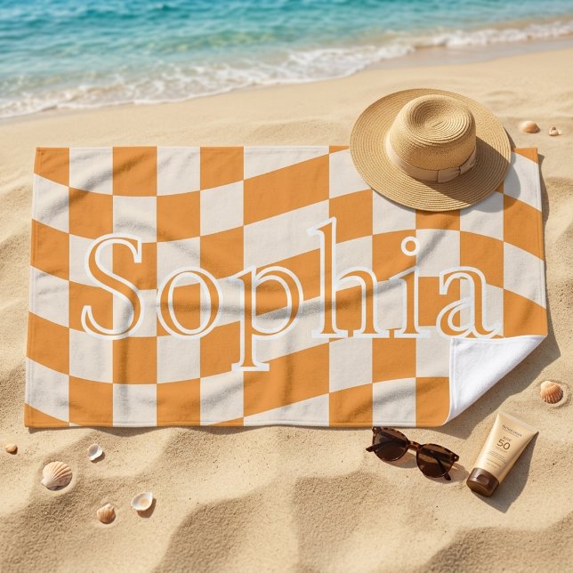 Trendy Retro Orange Checkered Personalized Name Beach Towel (Creator Uploaded)