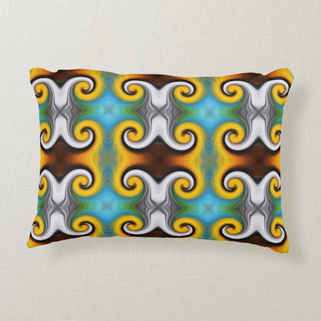 Trendy retro pattern in yellow, blue, brown, white accent pillow (Back)