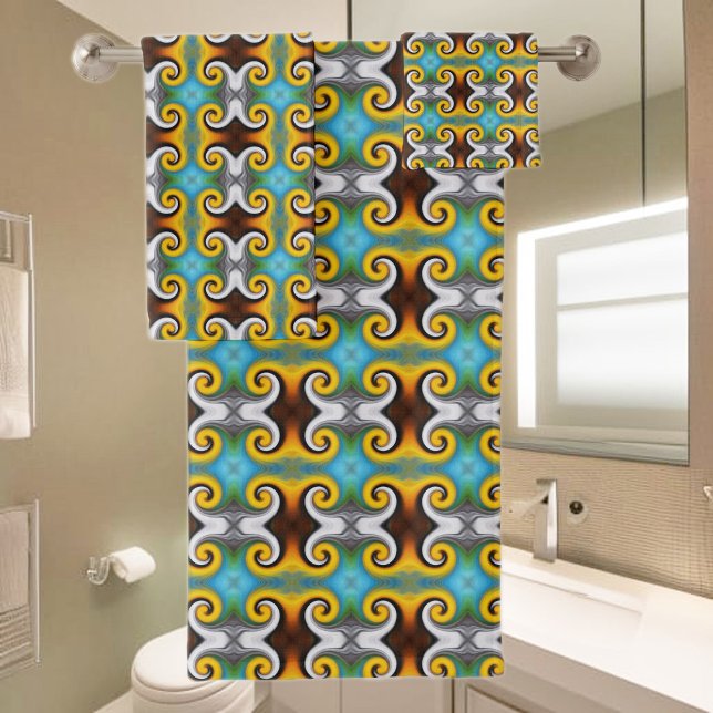 Trendy retro pattern in yellow, blue, brown, white bath towel set (Creator Uploaded)