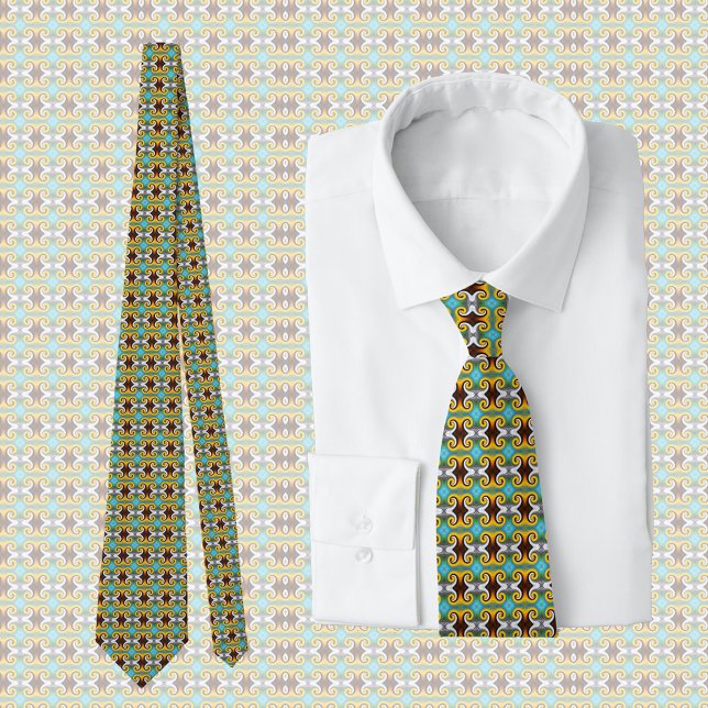 Trendy retro pattern in yellow, blue, brown, white neck tie (Creator Uploaded)