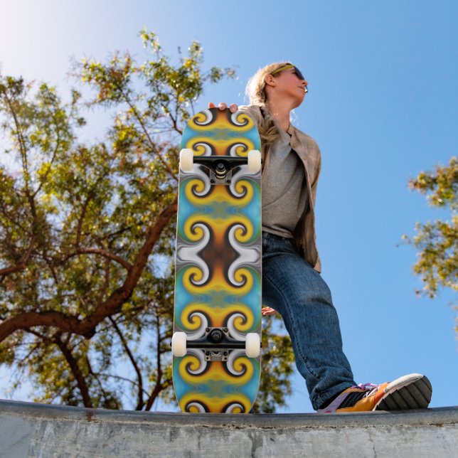 Trendy retro pattern in yellow, blue, brown, white skateboard (Outdoor 1)