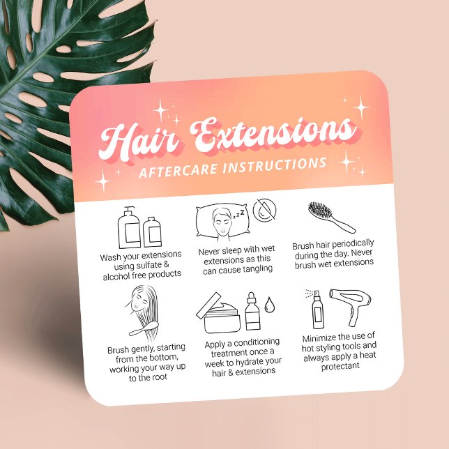 Trendy Retro Peach Logo Hair Extensions Aftercare Square Business Card (Hair extensions aftercare instructions cards in trendy groovy style with your logo and custom text)