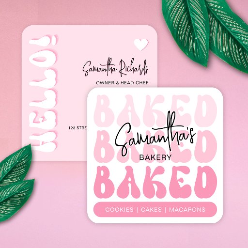 Customizable Trendy Retro Pink Bakery Pastry Chef Caterer Square Business Card