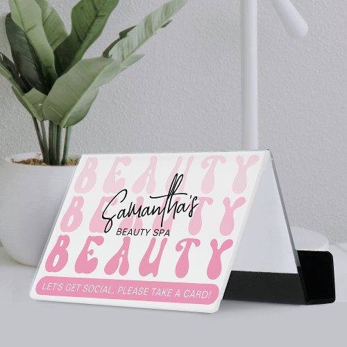 Trendy Retro Pink Beauty Makeup Hair Salon Modern Desk Business Card Holder