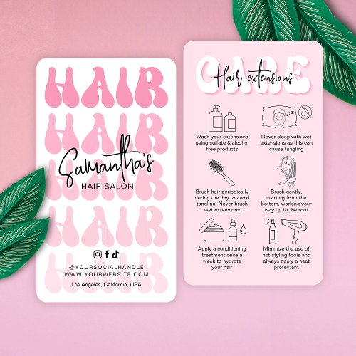 Trendy Retro Pink Girly Hair Extensions Aftercare Business Card