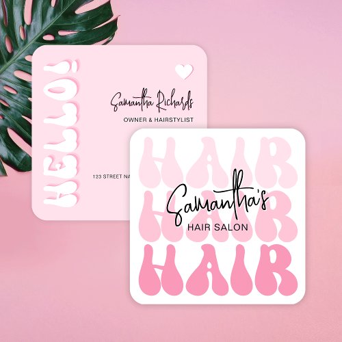 Trendy Retro Pink Hair Stylist Salon Chic Modern Square Business Card