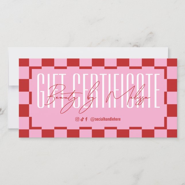 Trendy Retro Pink & Red Spa Salon Gift Certificate (Front)