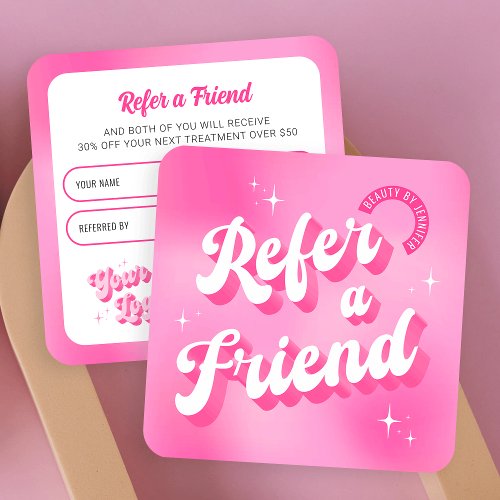 Trendy Retro Pink Refer a Friend Lash Salon Nails Referral Card