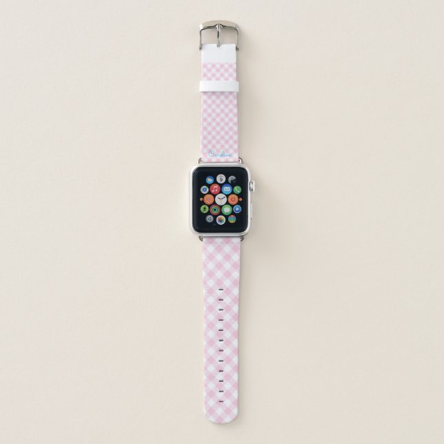 Trendy Retro Plaid Gingham Checkerboard Girly Pink Apple Watch Band (Front)