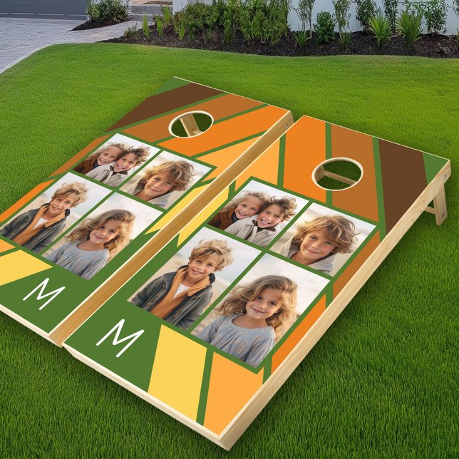 Trendy Retro Stripes 4 Photo Collage - Avocado Cornhole Set (Custom Cornhole Set)