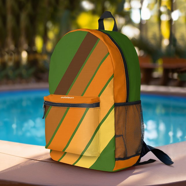 Trendy Retro Stripes 4 Photo Collage - Avocado Printed Backpack (Personalized Backpack with Retro Stripes and Custom Name)