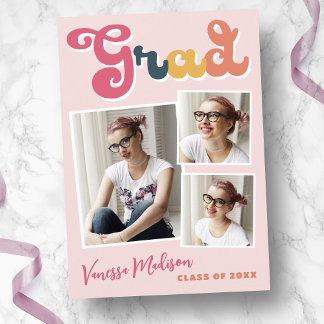 Trendy Retro Style Vintage Boho Pink 3 Photo Grad Announcement