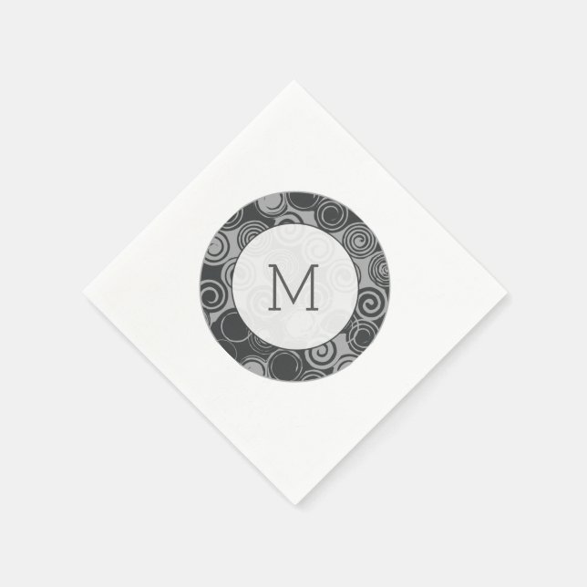 Trendy Retro Swirls Silver Gray Monogram Napkins (Corner)