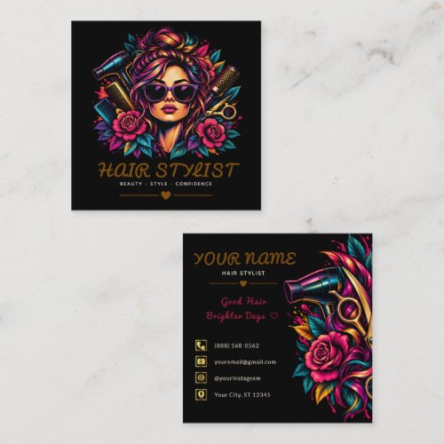 Trendy Retro Tattoo Floral Hair Stylist Square Business Card