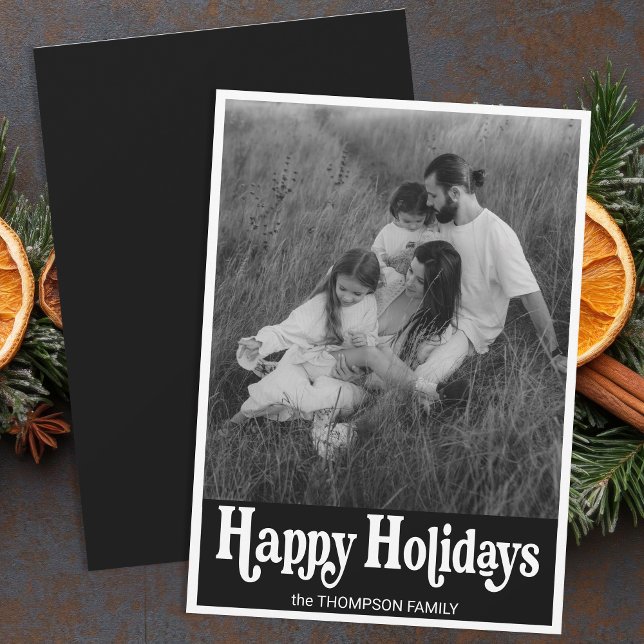 Trendy Retro Typography Black Photo Happy Holiday Card (Creator Uploaded)
