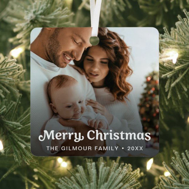Trendy Retro Typography Family Photo Christmas Metal Ornament (Insitu)