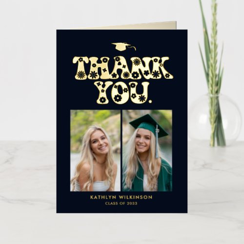 Trendy Retro Typography Photo Graduation Thank You Foil Greeting Card