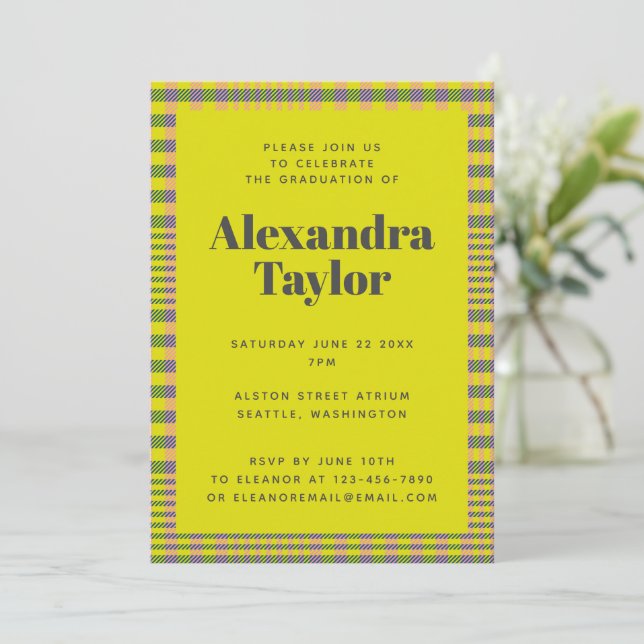 Trendy Retro Yellow Plaid Pattern Graduation Invitation (Standing Front)