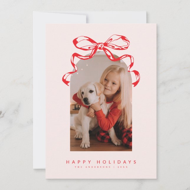 Trendy ribbon bow arched photo Holiday/Christmas  Holiday Card (Front)