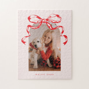 Trendy ribbon bow arched photo Holiday/Christmas  Jigsaw Puzzle