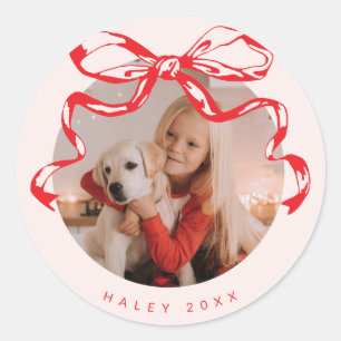 Trendy ribbon bow photo Holiday/Christmas Classic Round Sticker