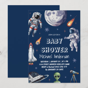 Trendy  Rocket Ship Space Galaxy Alien Baby Shower Invitation